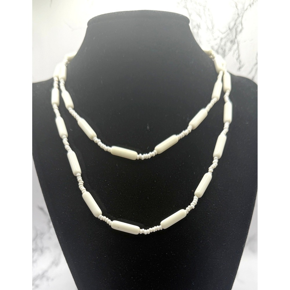 Vintage Cream Barrel Bead Necklace 33" Long Gold Tone Clasp